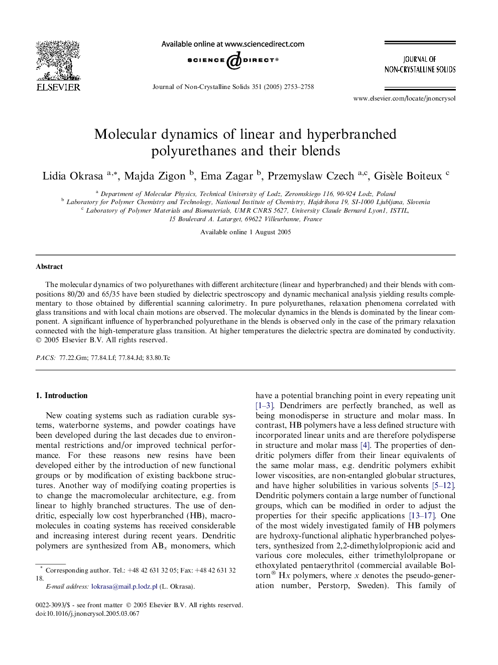 Molecular dynamics of linear and hyperbranched polyurethanes and their blends