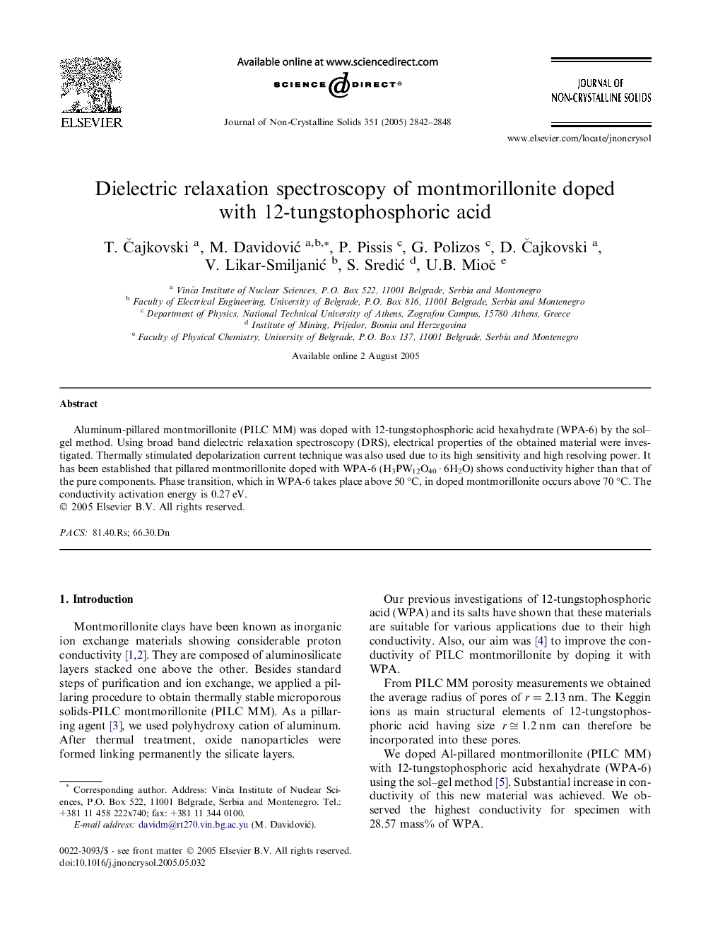 عکس صفحه اول مقاله: Dielectric relaxation spectroscopy of montmorillonite doped with 12-tungstophosphoric acid Dielectric relaxation spectroscopy of montmorillonite doped with 12-tungstophosphoric acid