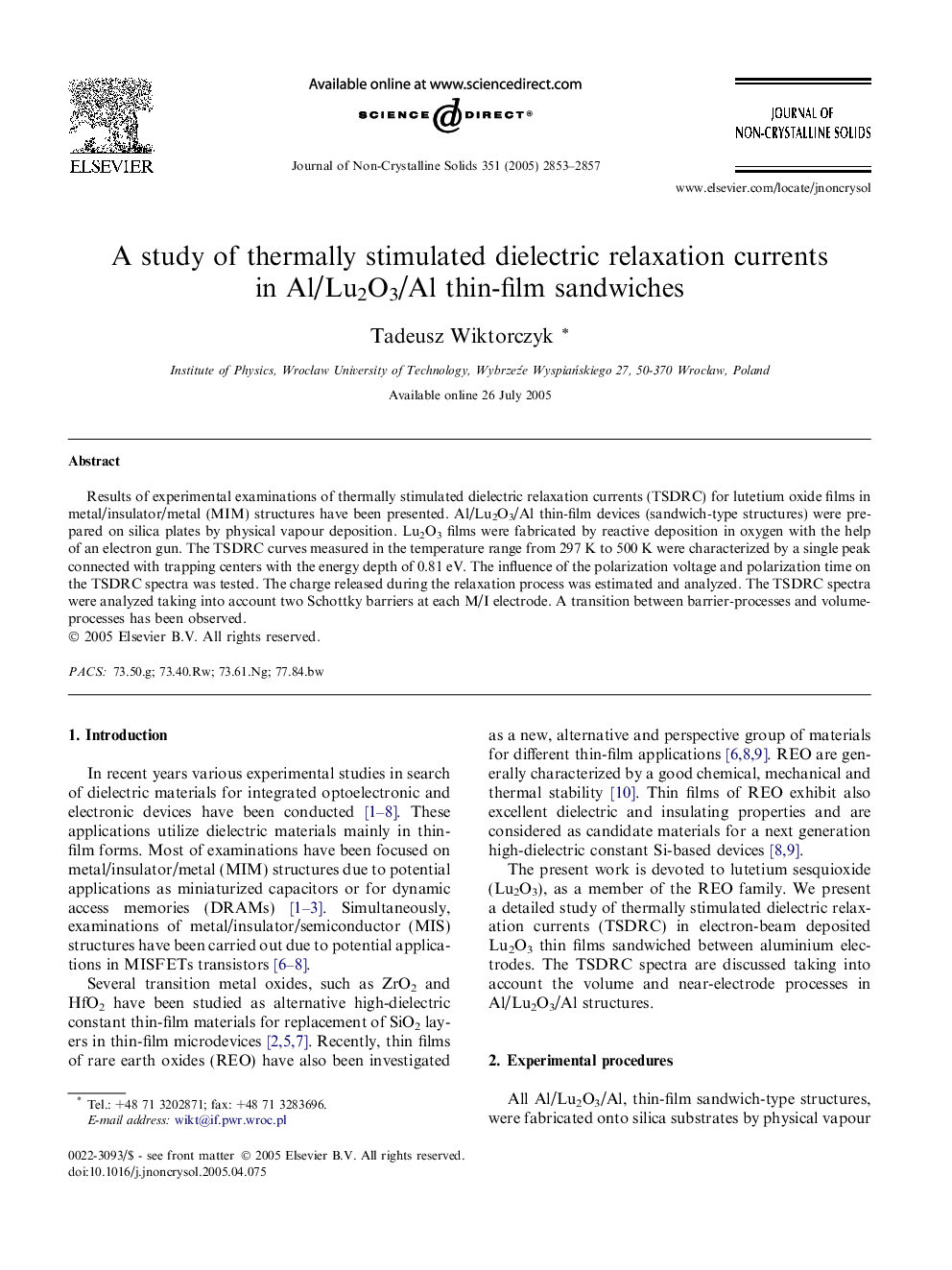 A study of thermally stimulated dielectric relaxation currents in Al/Lu2O3/Al thin-film sandwiches