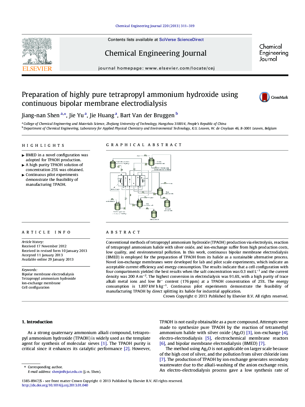 Preparation of highly pure tetrapropyl ammonium hydroxide using continuous bipolar membrane electrodialysis