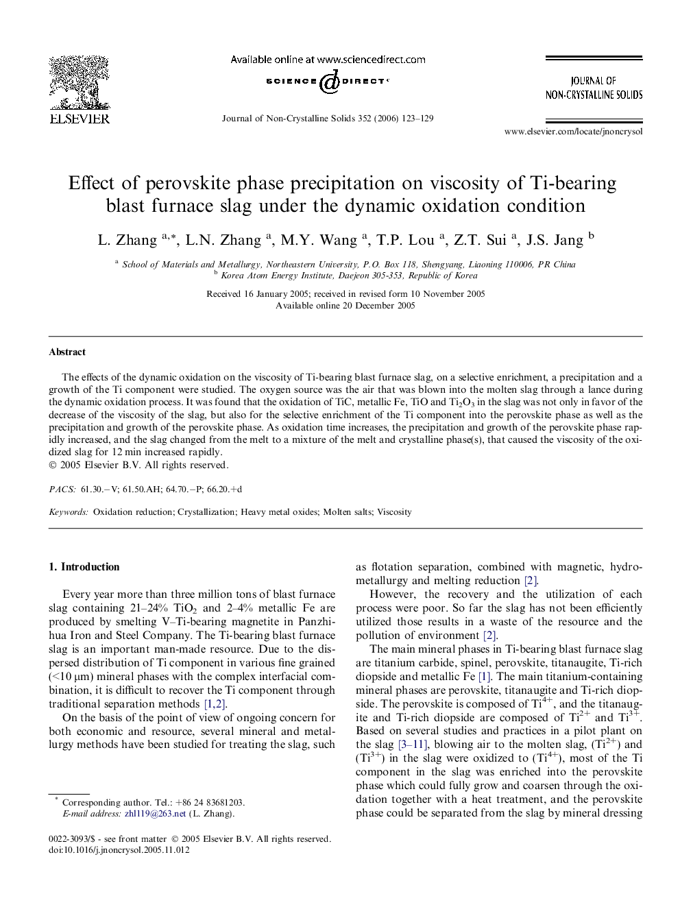 Effect of perovskite phase precipitation on viscosity of Ti-bearing blast furnace slag under the dynamic oxidation condition