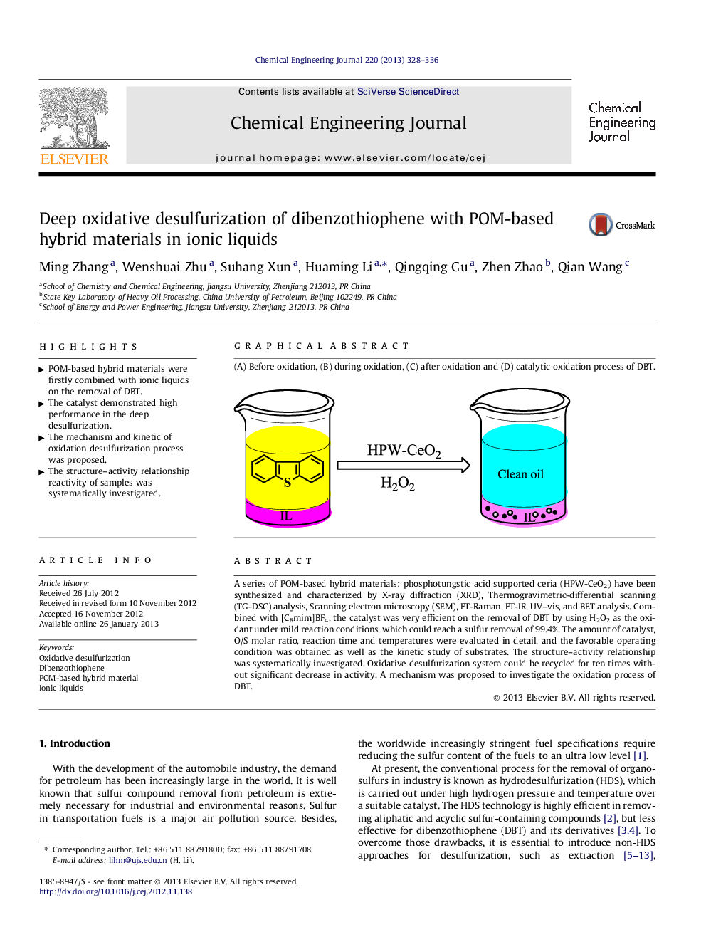 عکس صفحه اول مقاله: Deep oxidative desulfurization of dibenzothiophene with POM-based hybrid materials in ionic liquids Deep oxidative desulfurization of dibenzothiophene with POM-based hybrid materials in ionic liquids