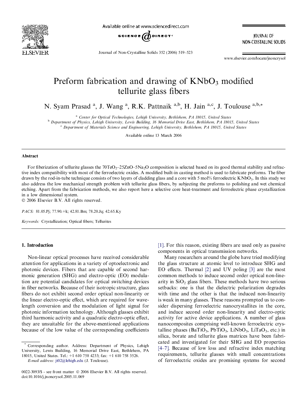 Preform fabrication and drawing of KNbO3 modified tellurite glass fibers