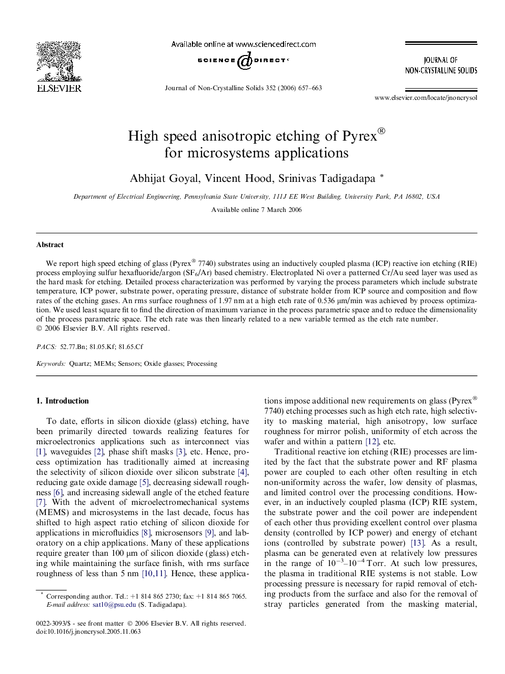 High speed anisotropic etching of Pyrex® for microsystems applications