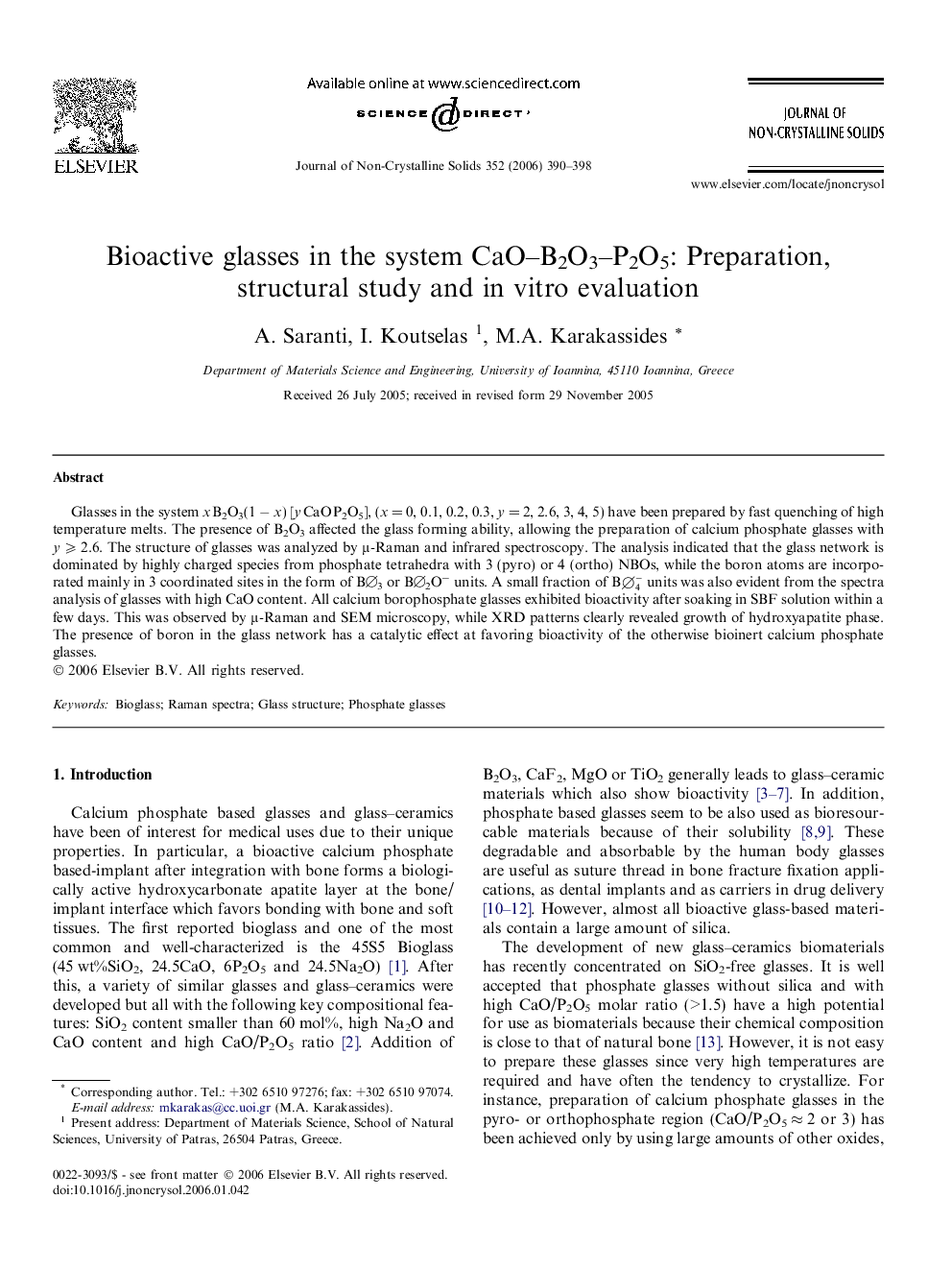 Bioactive glasses in the system CaO–B2O3–P2O5: Preparation, structural study and in vitro evaluation