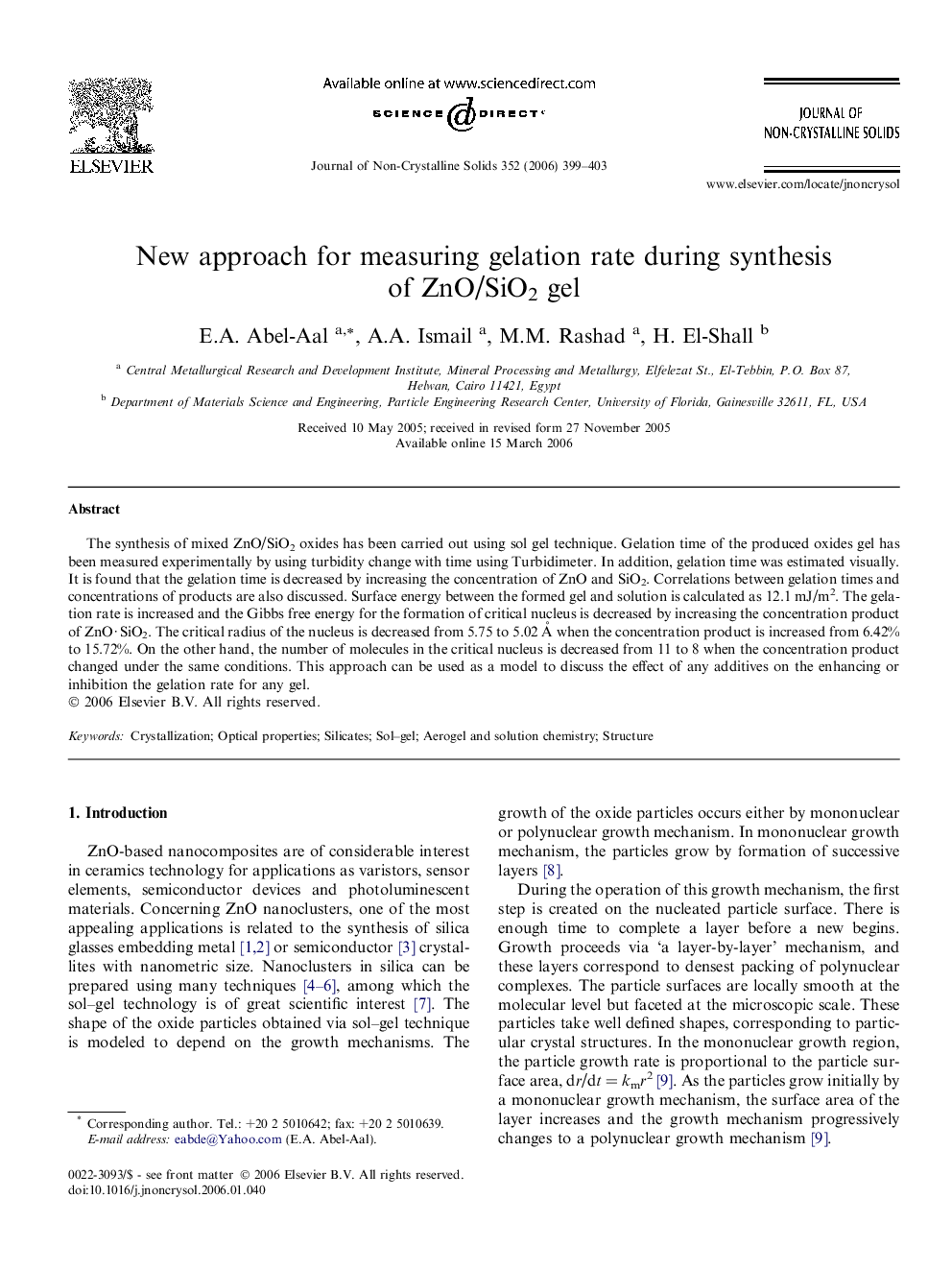 New approach for measuring gelation rate during synthesis of ZnO/SiO2 gel