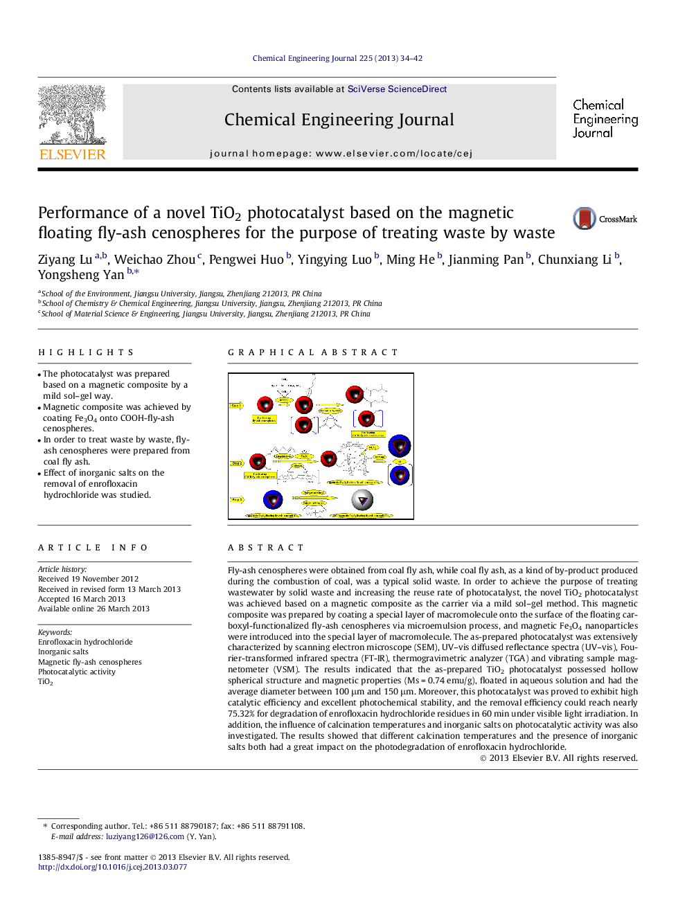 Performance of a novel TiO2 photocatalyst based on the magnetic floating fly-ash cenospheres for the purpose of treating waste by waste