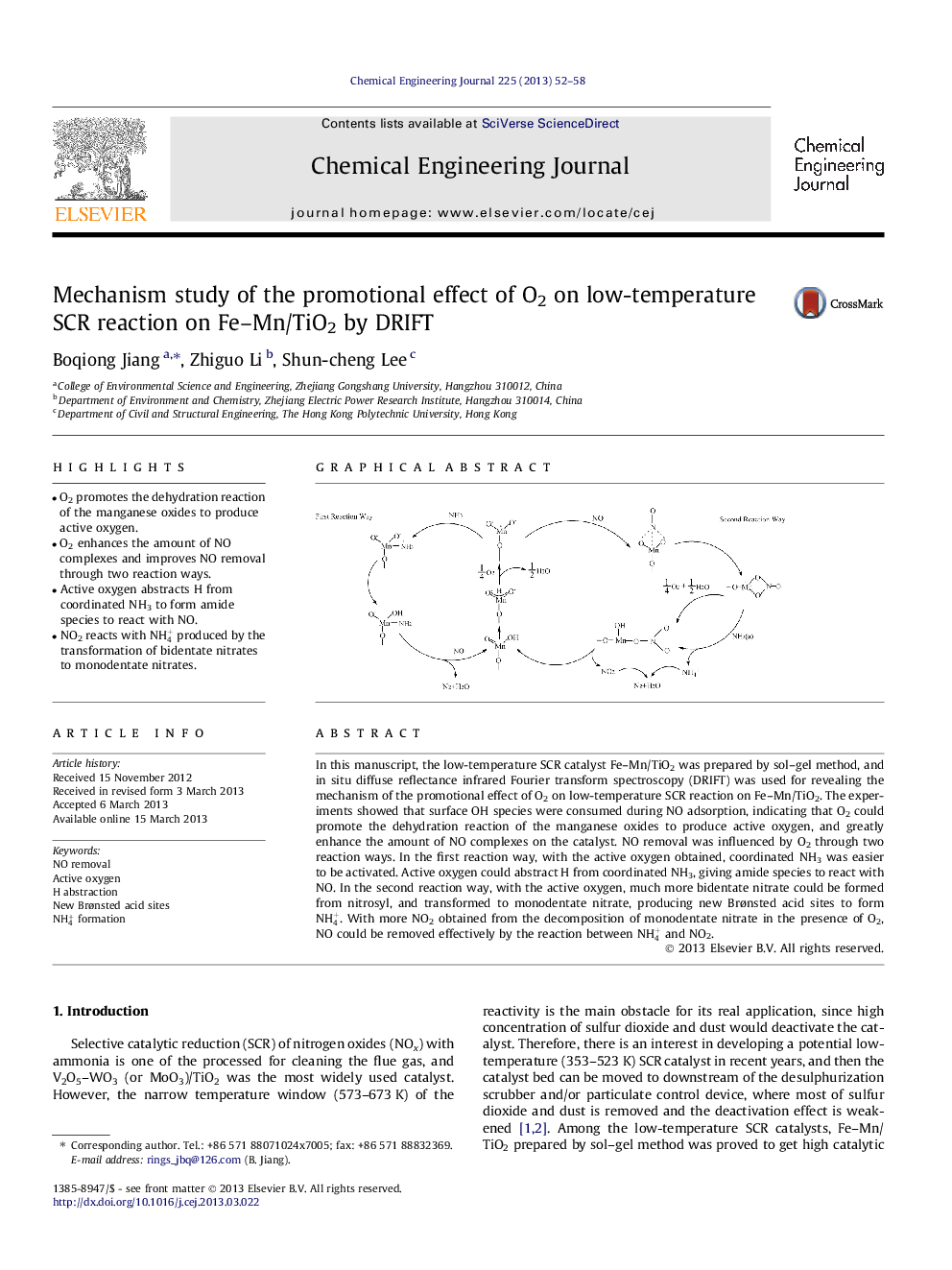 Mechanism study of the promotional effect of O2 on low-temperature SCR reaction on Fe–Mn/TiO2 by DRIFT