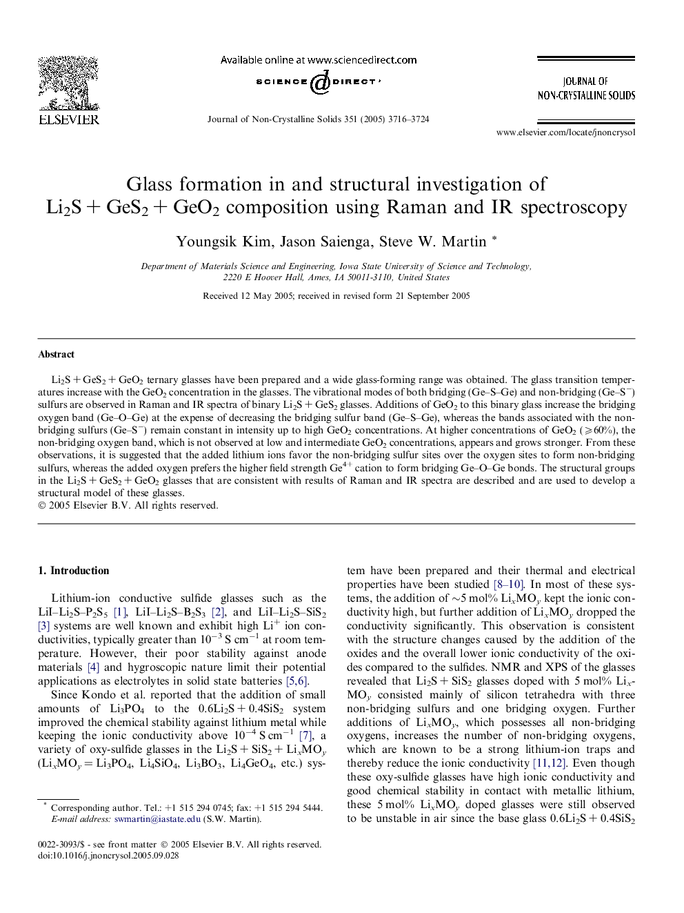 Glass formation in and structural investigation of Li2S + GeS2 + GeO2 composition using Raman and IR spectroscopy