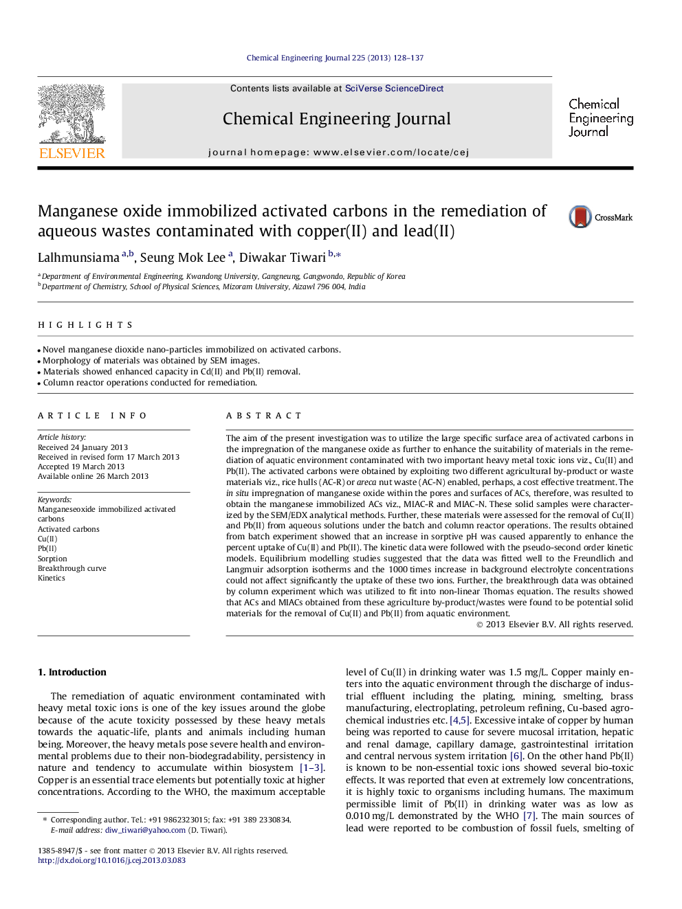 Manganese oxide immobilized activated carbons in the remediation of aqueous wastes contaminated with copper(II) and lead(II)