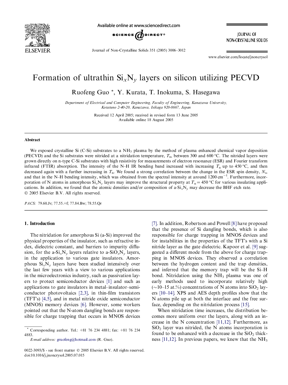 Formation of ultrathin SixNy layers on silicon utilizing PECVD