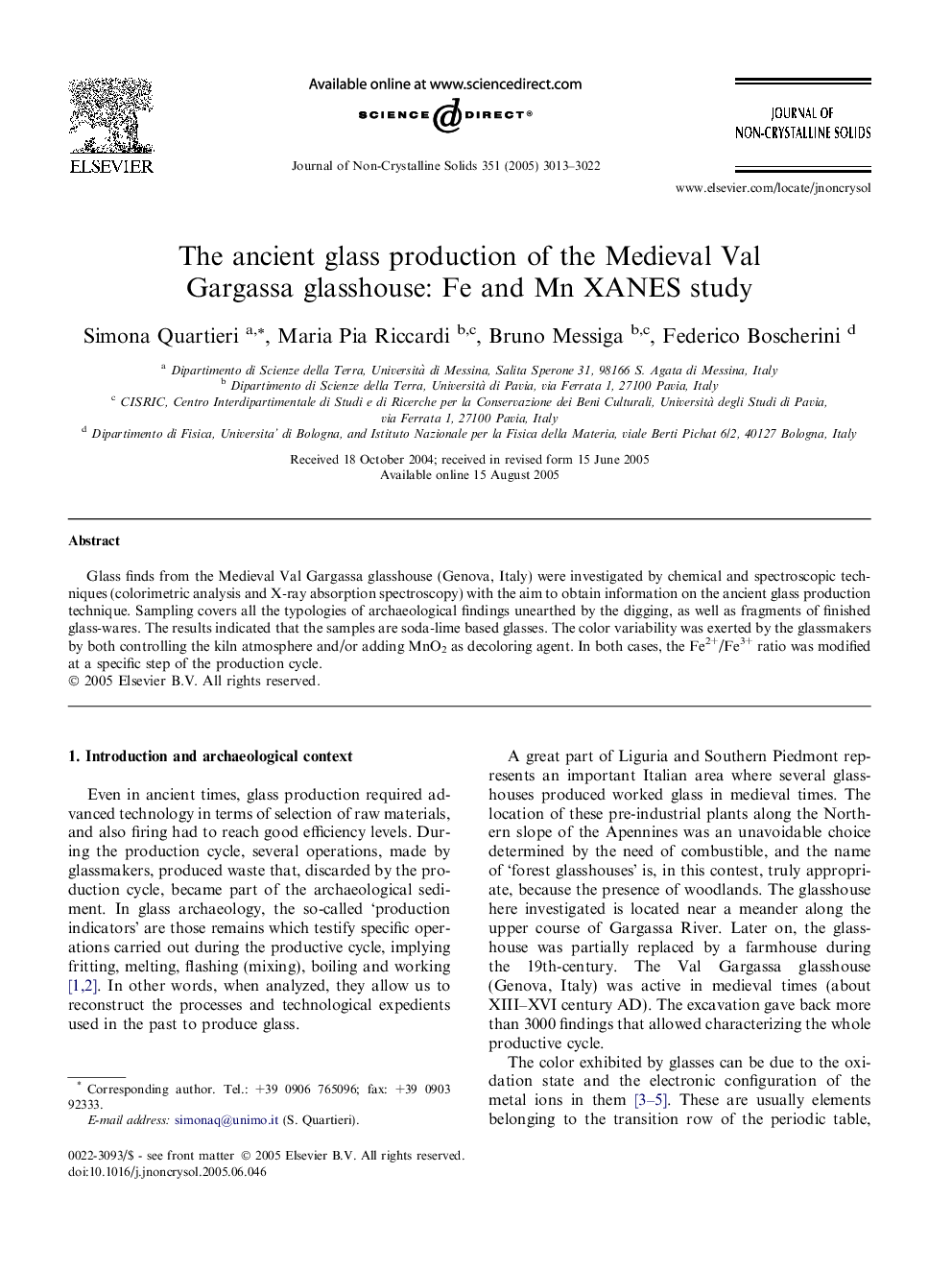 The ancient glass production of the Medieval Val Gargassa glasshouse: Fe and Mn XANES study