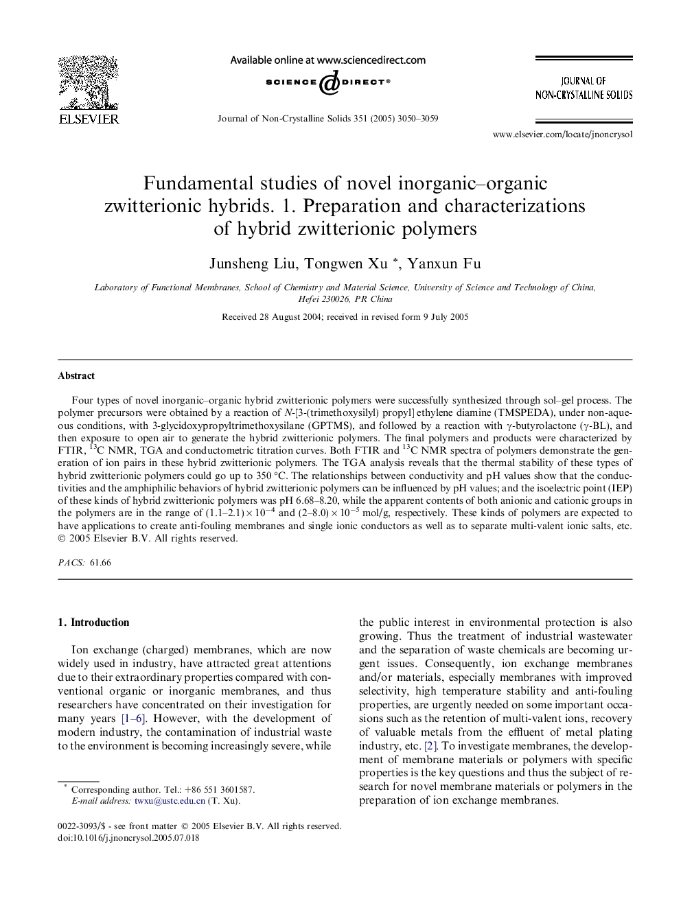 Fundamental studies of novel inorganic–organic zwitterionic hybrids. 1. Preparation and characterizations of hybrid zwitterionic polymers