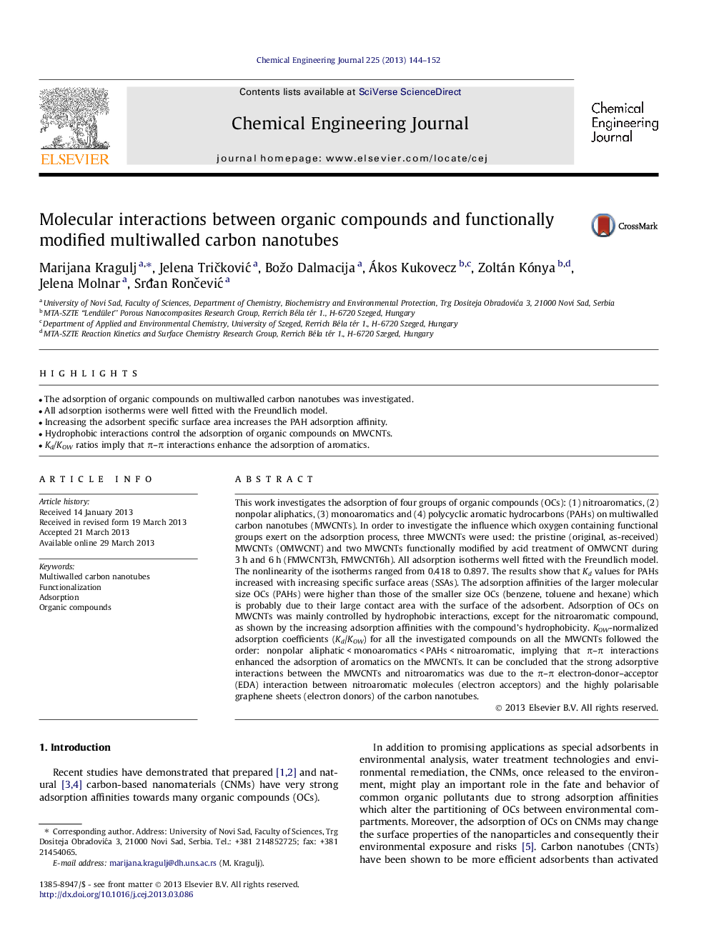 Molecular interactions between organic compounds and functionally modified multiwalled carbon nanotubes