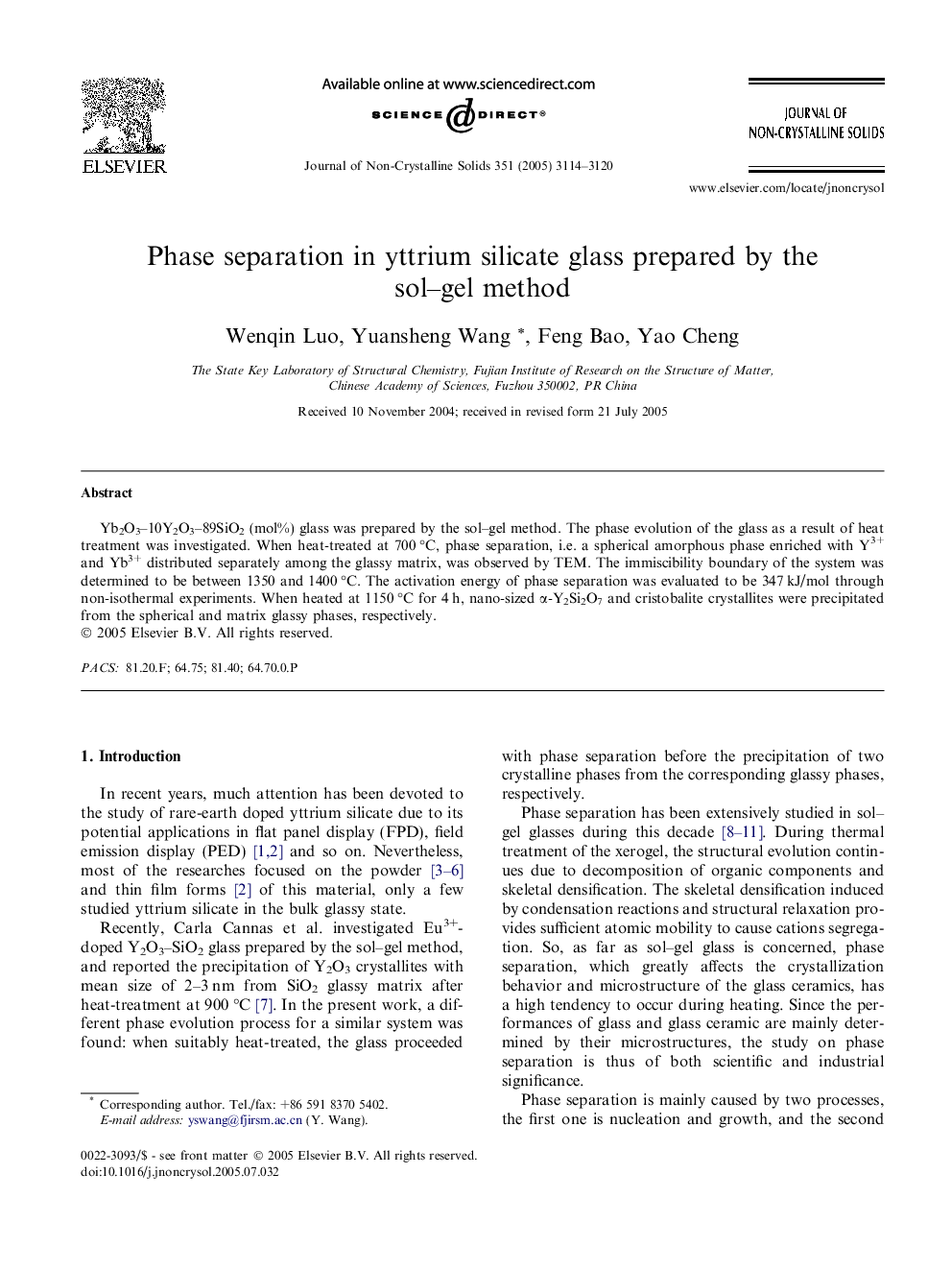 Phase separation in yttrium silicate glass prepared by the sol-gel method