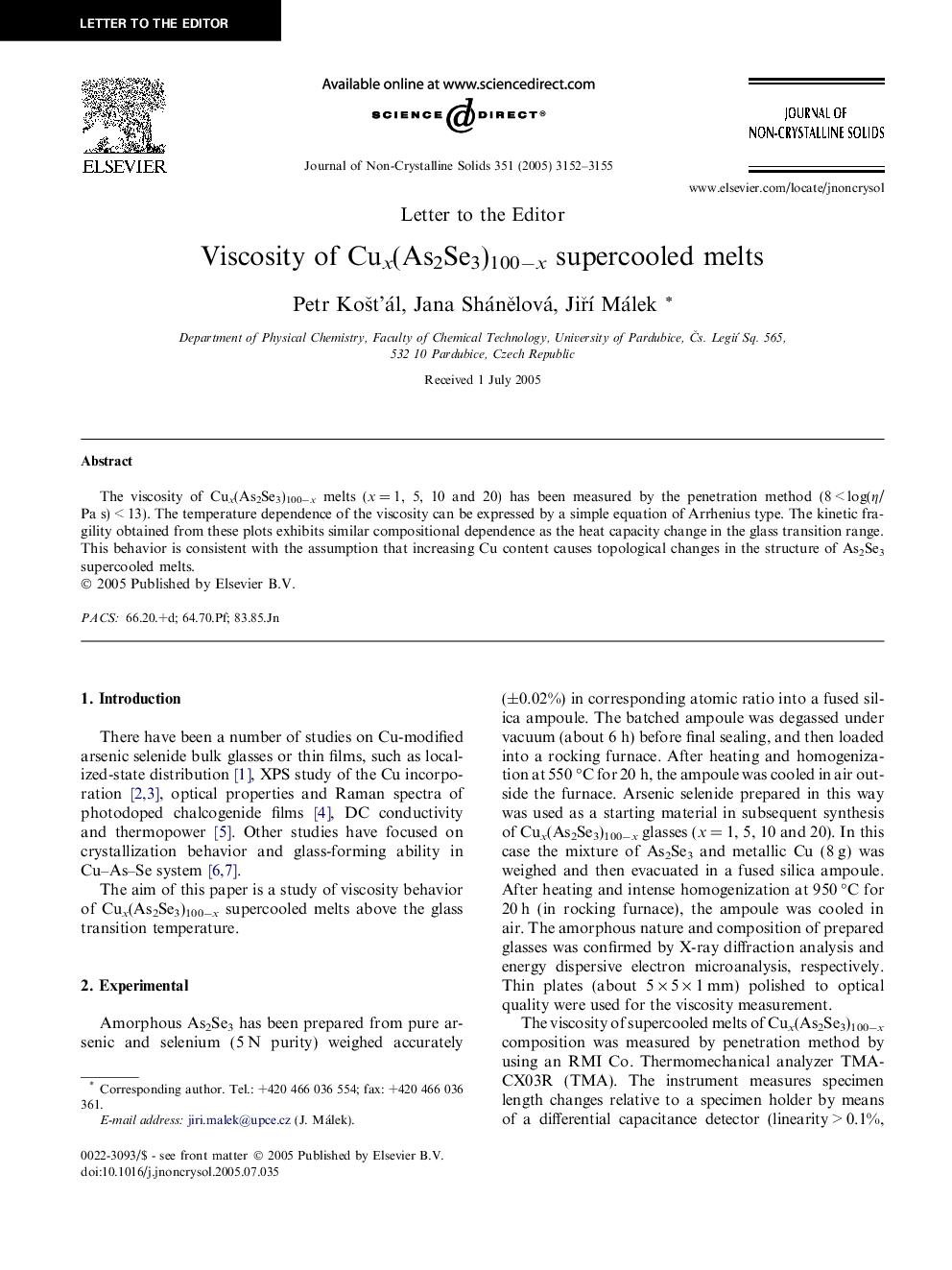 عکس صفحه اول مقاله: Viscosity of Cux(As2Se3)100−x supercooled melts Viscosity of Cux(As2Se3)100−x supercooled melts