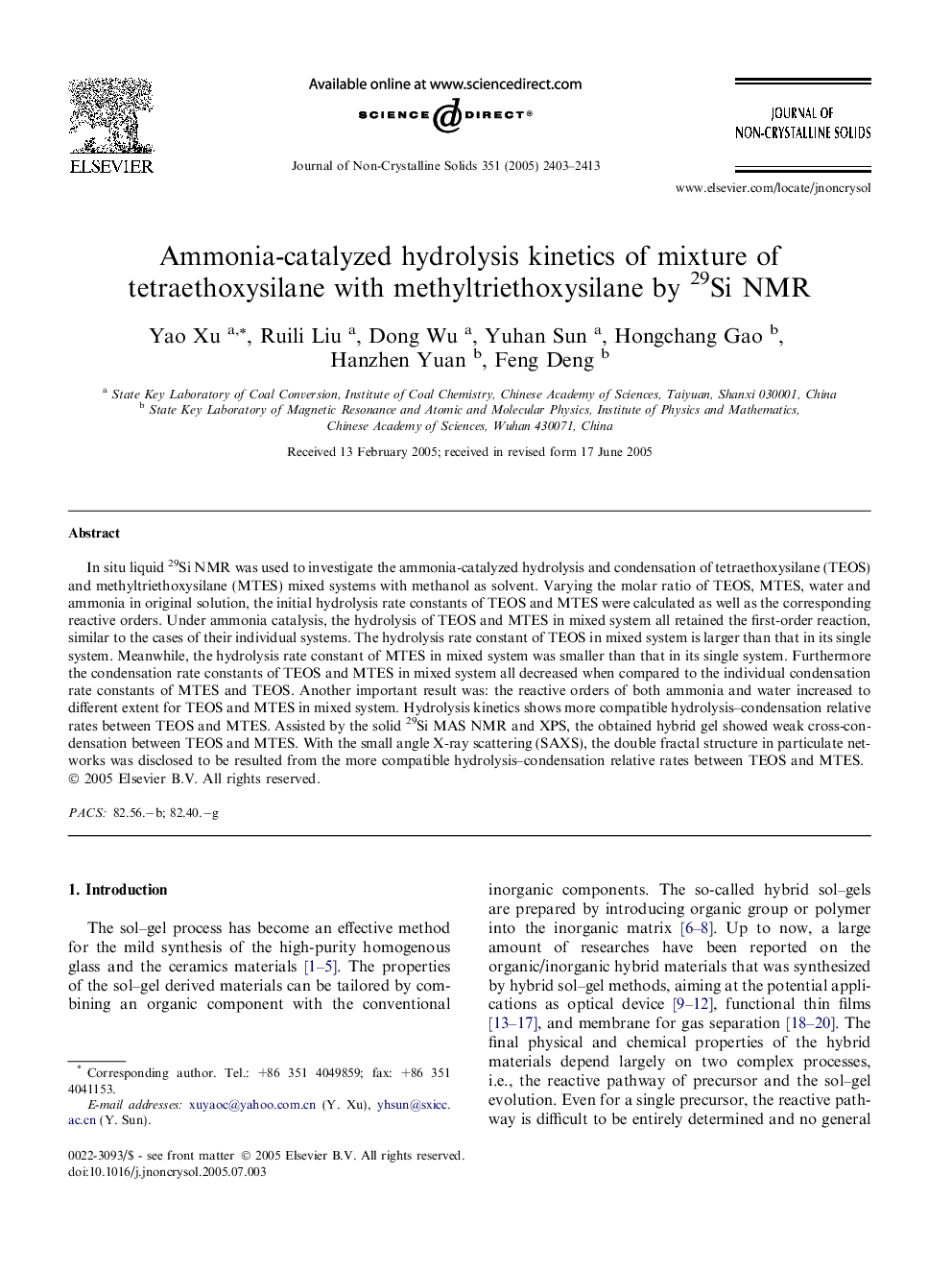 Ammonia-catalyzed hydrolysis kinetics of mixture of tetraethoxysilane with methyltriethoxysilane by 29Si NMR