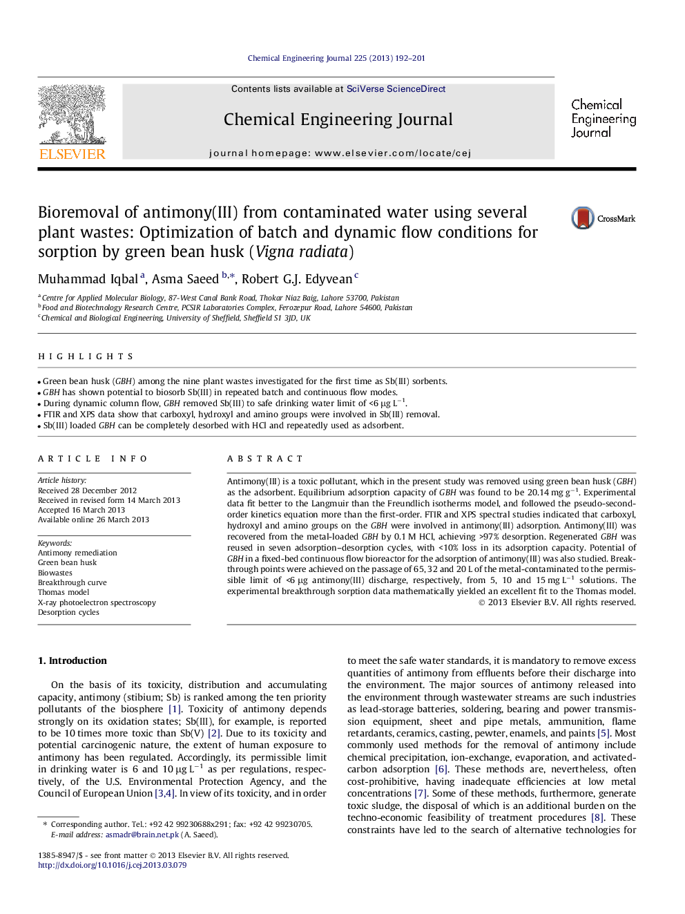 Bioremoval of antimony(III) from contaminated water using several plant wastes: Optimization of batch and dynamic flow conditions for sorption by green bean husk (Vigna radiata)