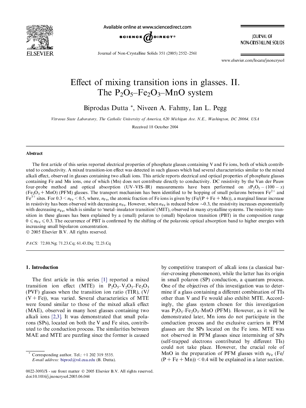 Effect of mixing transition ions in glasses. II. The P2O5–Fe2O3–MnO system