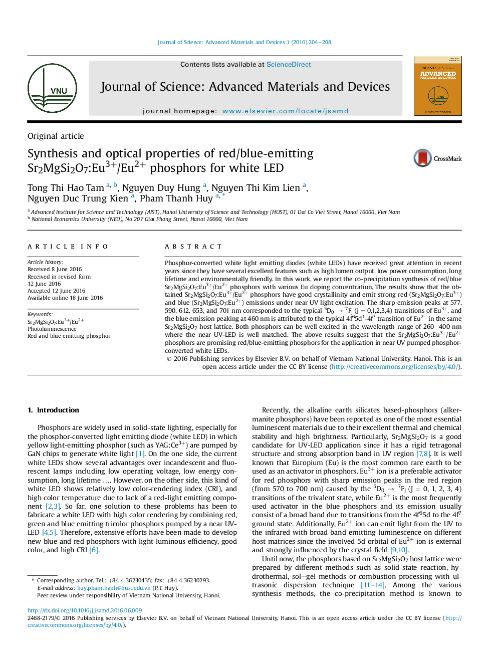 عکس صفحه اول مقاله: Synthesis and optical properties of red/blue-emitting Sr2MgSi2O7:Eu3+/Eu2+ phosphors for white LED Synthesis and optical properties of red/blue-emitting Sr2MgSi2O7:Eu3+/Eu2+ phosphors for white LED