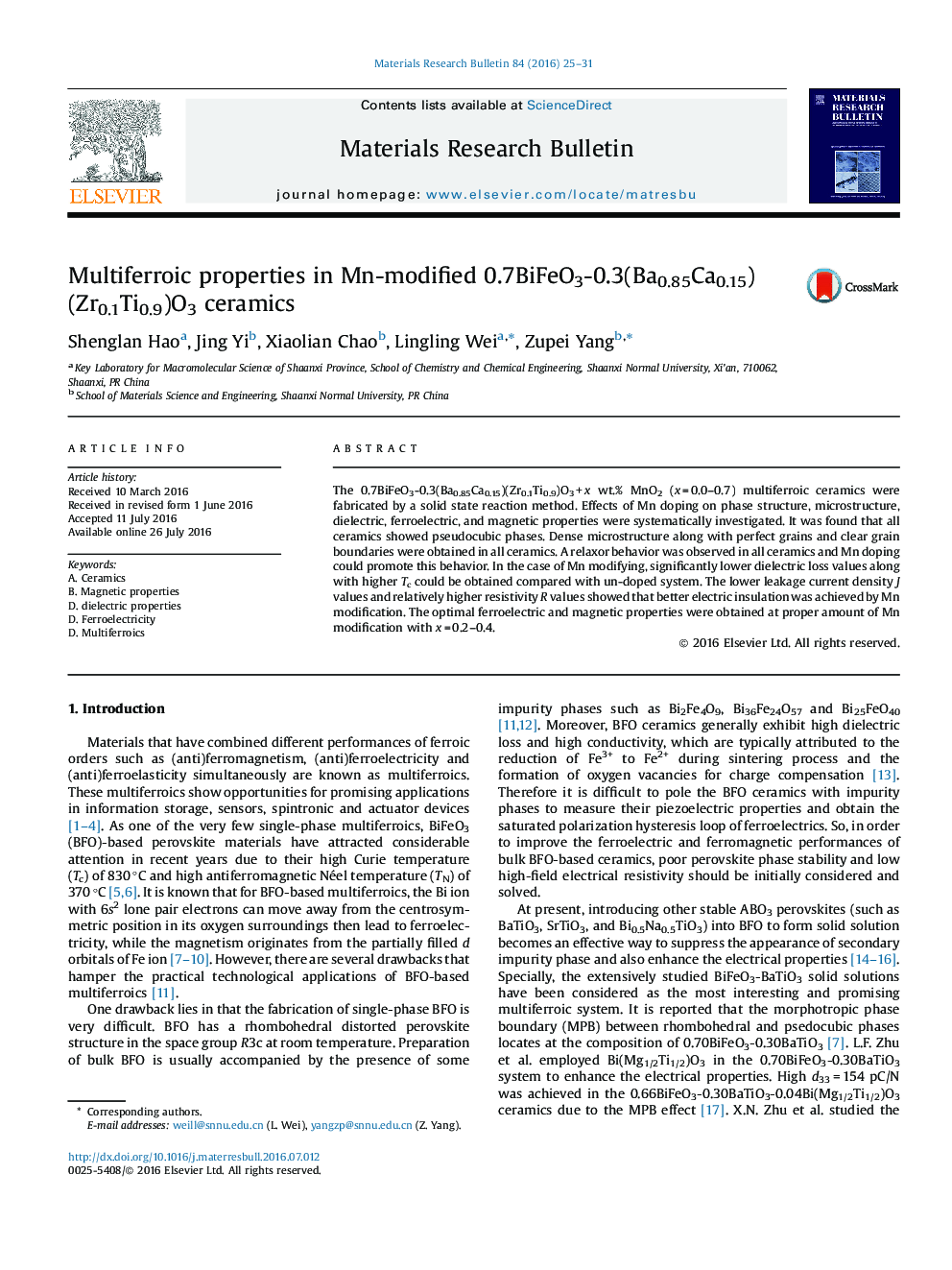 Multiferroic properties in Mn-modified 0.7BiFeO3-0.3(Ba0.85Ca0.15)(Zr0.1Ti0.9)O3 ceramics