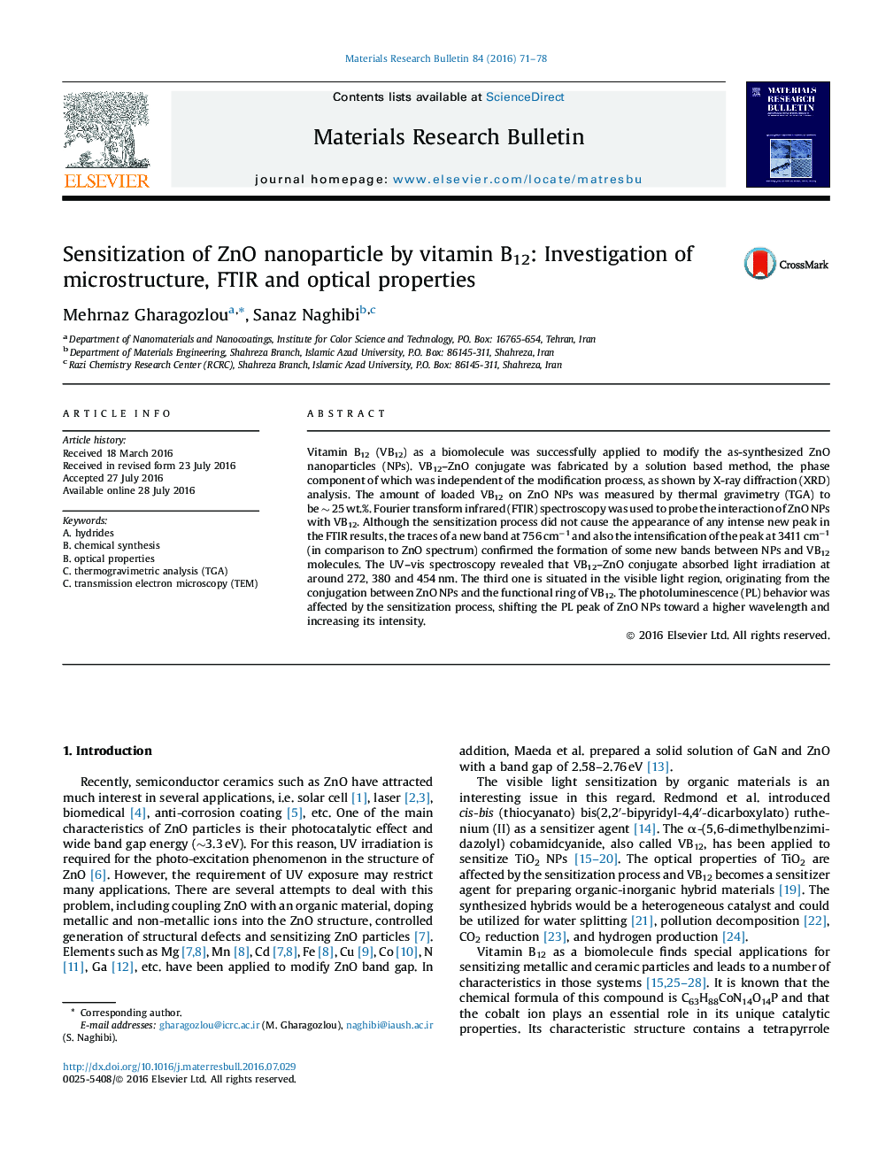 Sensitization of ZnO nanoparticle by vitamin B12: Investigation of microstructure, FTIR and optical properties