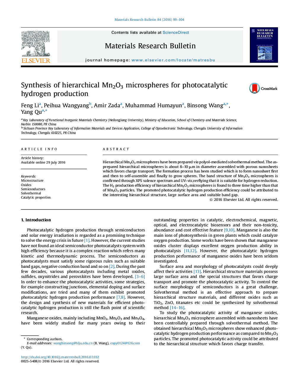 Synthesis of hierarchical Mn2O3 microspheres for photocatalytic hydrogen production