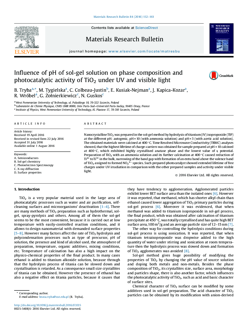 Influence of pH of sol-gel solution on phase composition and photocatalytic activity of TiO2 under UV and visible light