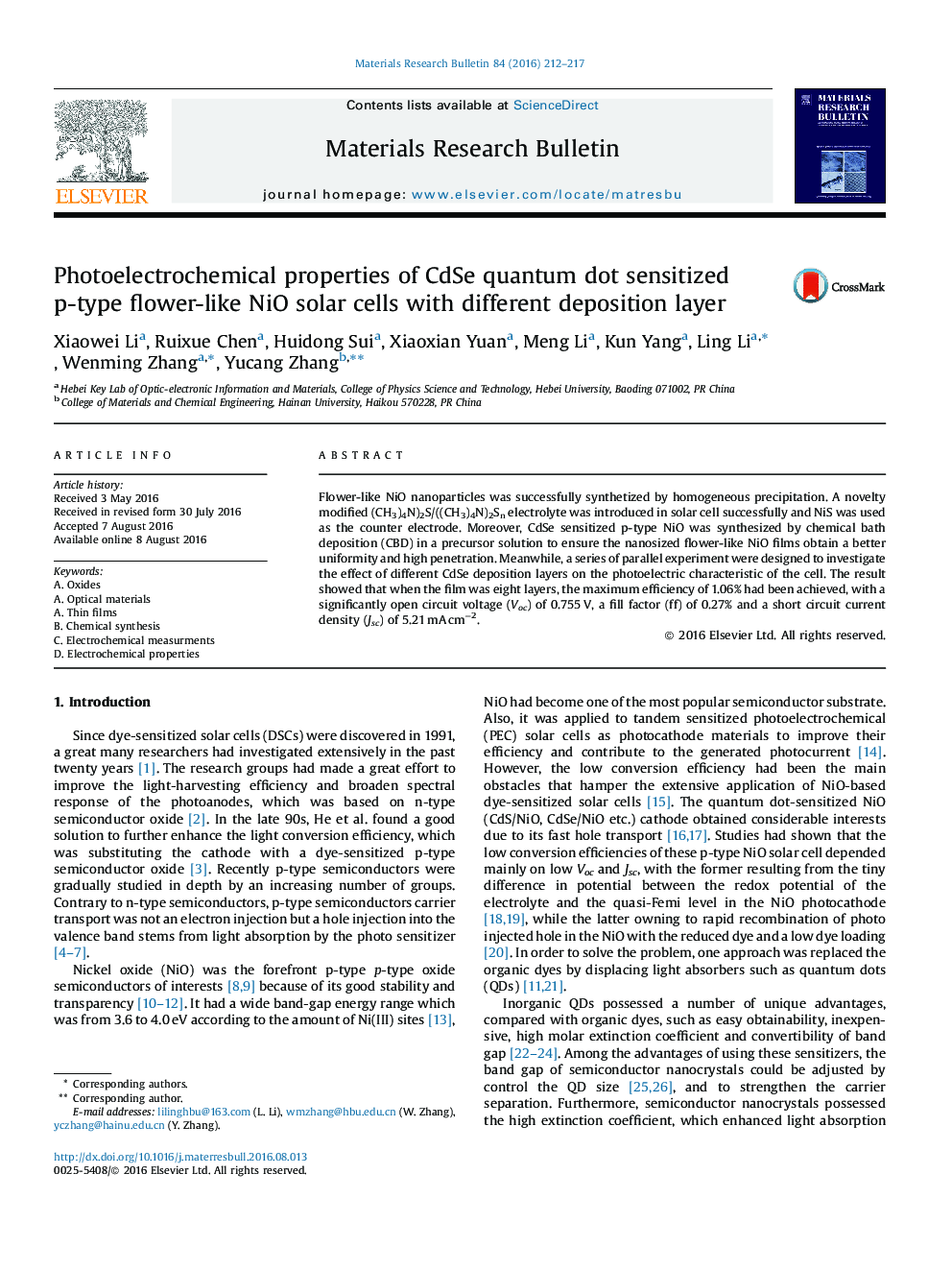 Photoelectrochemical properties of CdSe quantum dot sensitized p-type flower-like NiO solar cells with different deposition layer