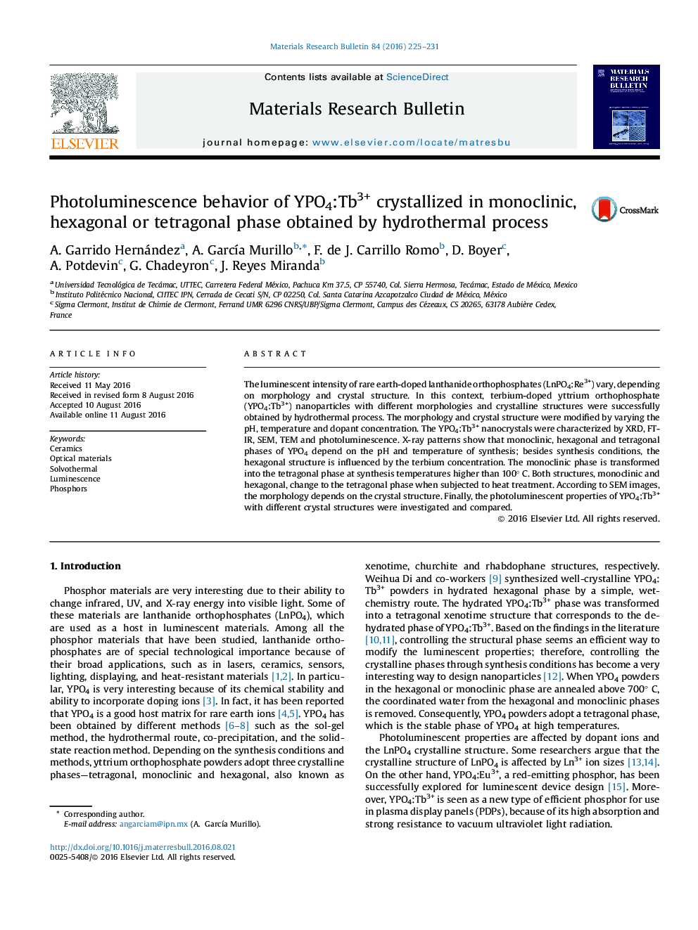 Photoluminescence behavior of YPO4:Tb3+ crystallized in monoclinic, hexagonal or tetragonal phase obtained by hydrothermal process