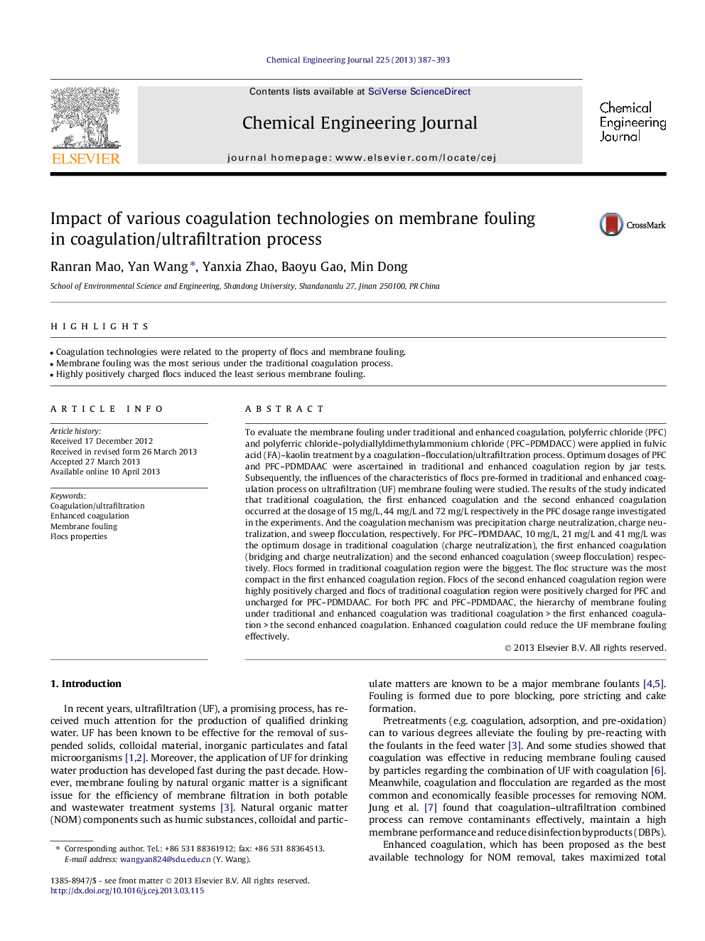 Impact of various coagulation technologies on membrane fouling in coagulation/ultrafiltration process