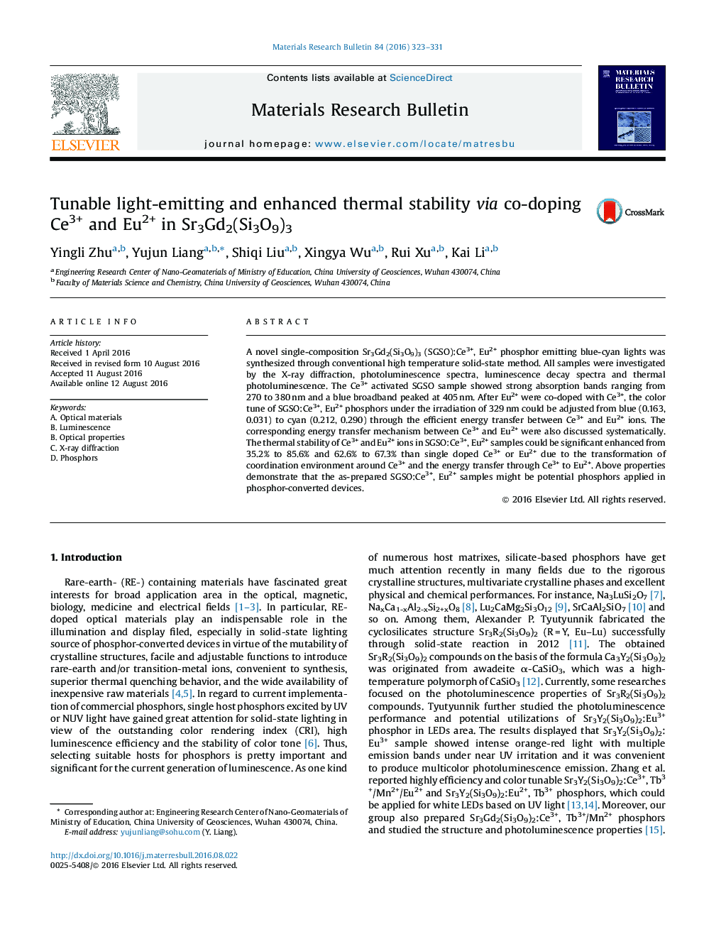 Tunable light-emitting and enhanced thermal stability via co-doping Ce3+ and Eu2+ in Sr3Gd2(Si3O9)3