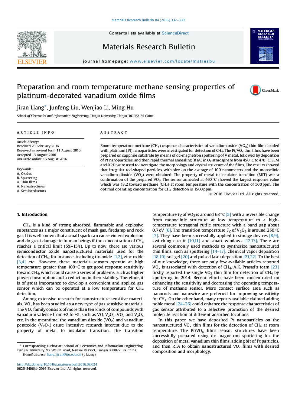 Preparation and room temperature methane sensing properties of platinum-decorated vanadium oxide films