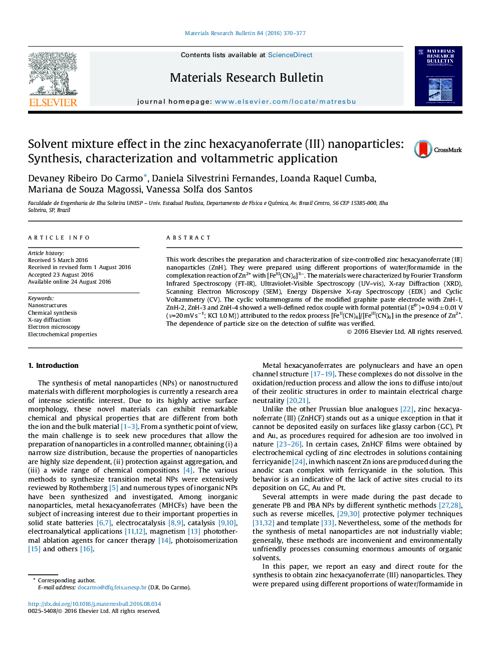 Solvent mixture effect in the zinc hexacyanoferrate (III) nanoparticles: Synthesis, characterization and voltammetric application