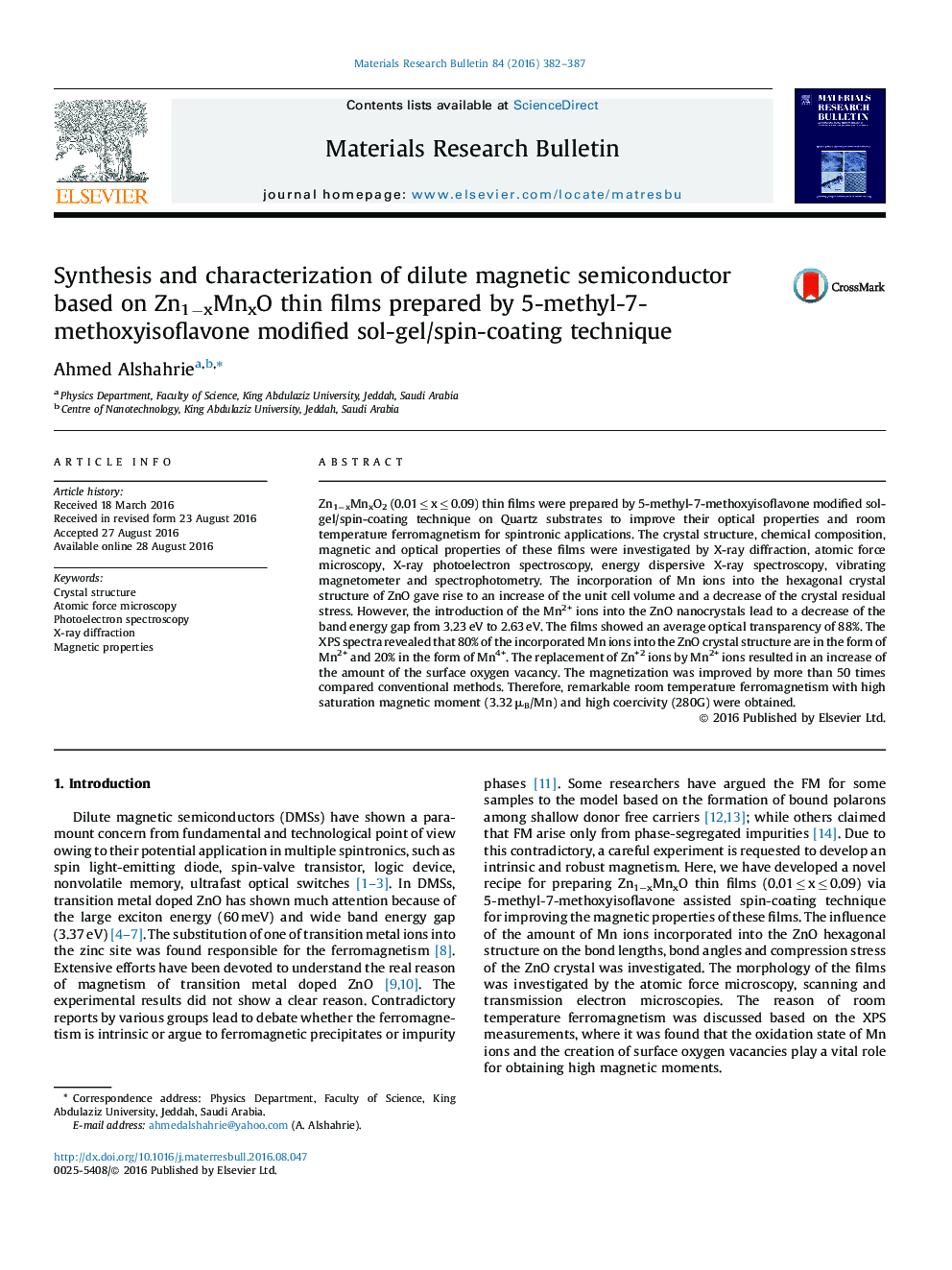 Synthesis and characterization of dilute magnetic semiconductor based on Zn1−xMnxO thin films prepared by 5-methyl-7-methoxyisoflavone modified sol-gel/spin-coating technique