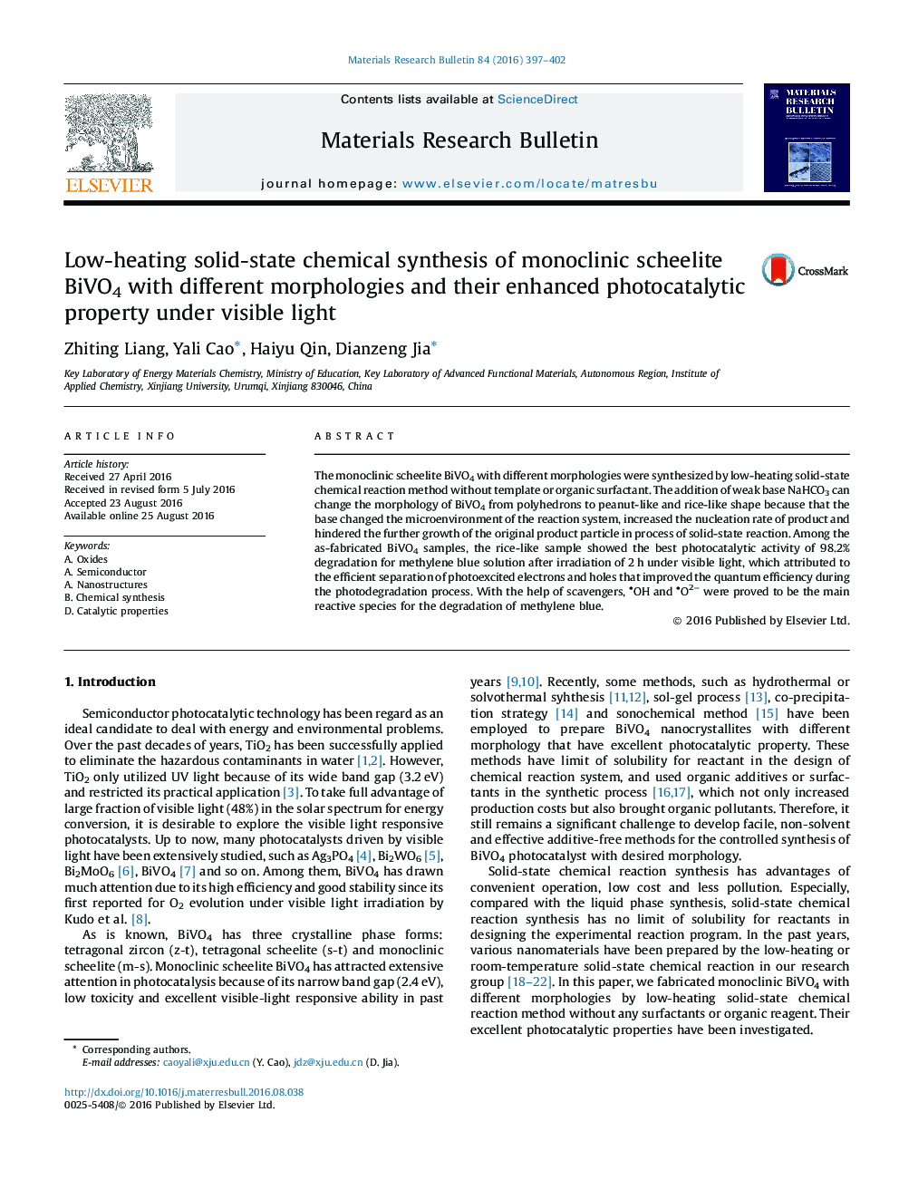 Low-heating solid-state chemical synthesis of monoclinic scheelite BiVO4 with different morphologies and their enhanced photocatalytic property under visible light