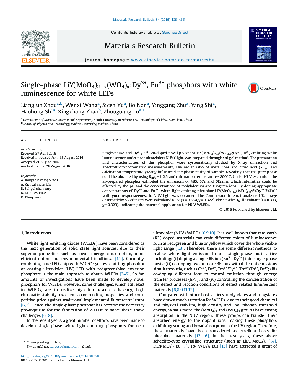 Single-phase LiY(MoO4)2−x(WO4)x:Dy3+, Eu3+ phosphors with white luminescence for white LEDs