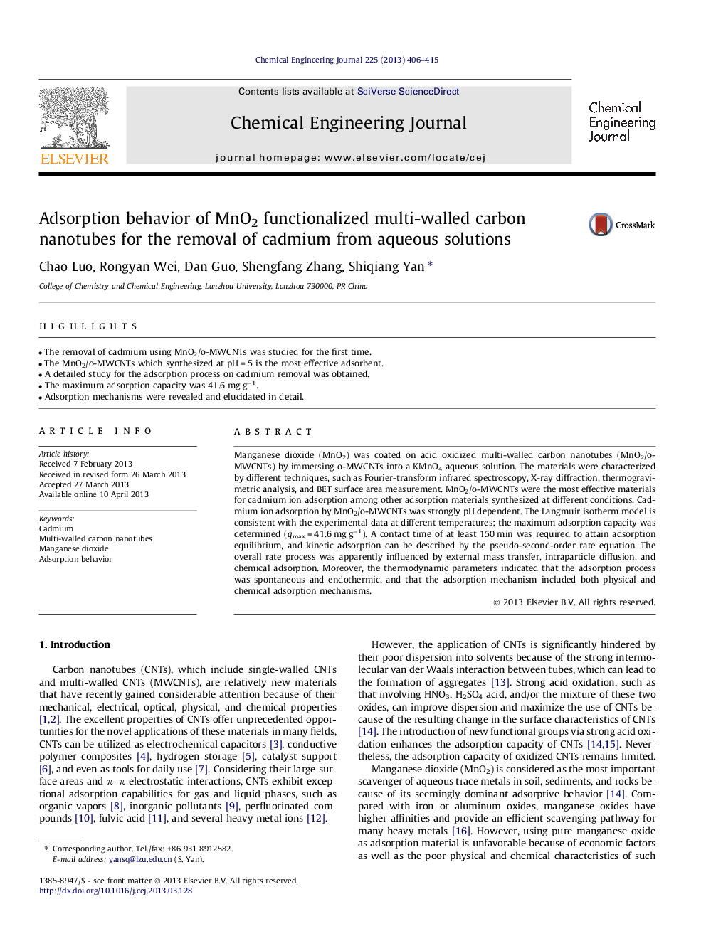 Adsorption behavior of MnO2 functionalized multi-walled carbon nanotubes for the removal of cadmium from aqueous solutions