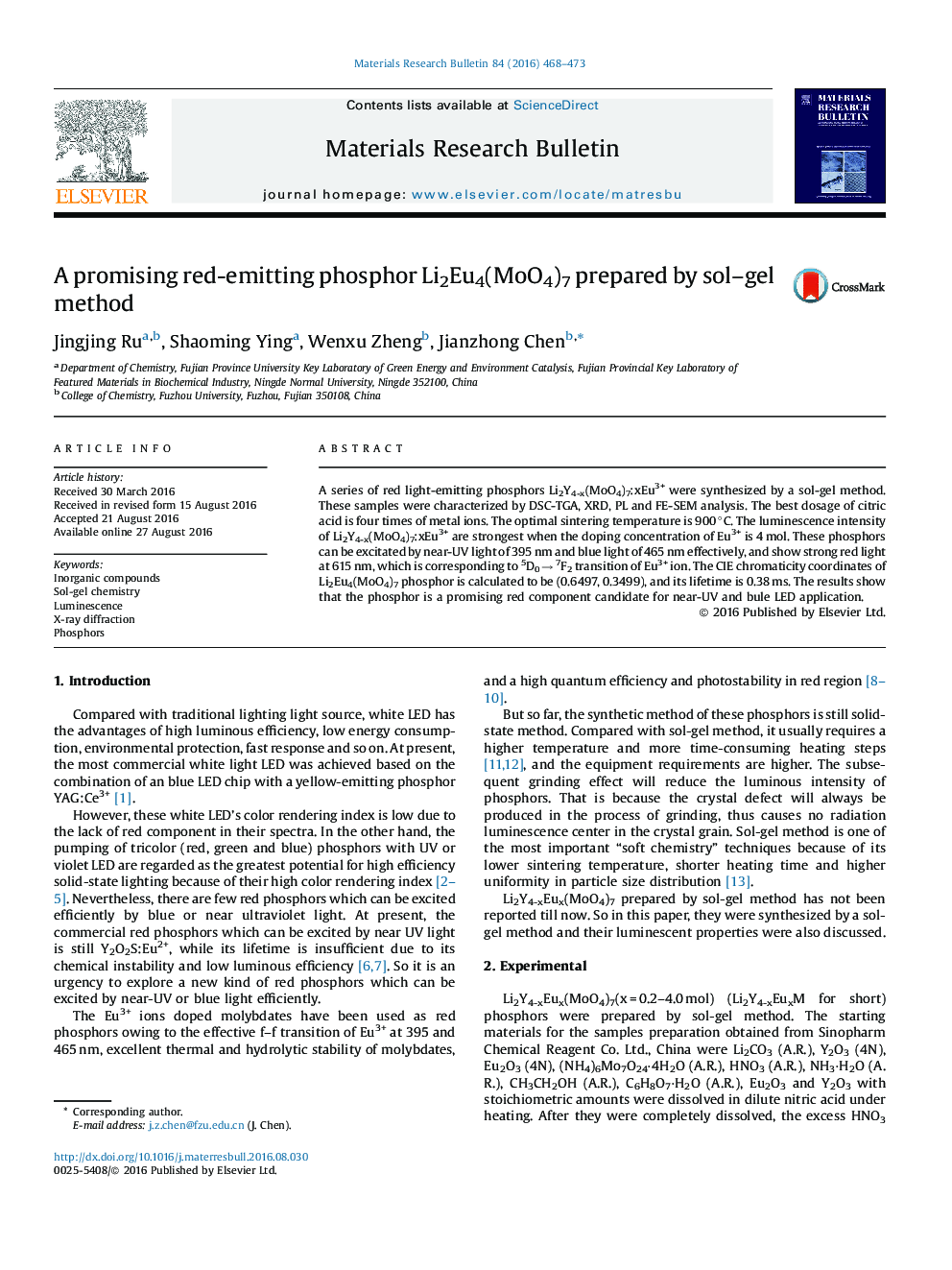 A promising red-emitting phosphor Li2Eu4(MoO4)7 prepared by sol–gel method