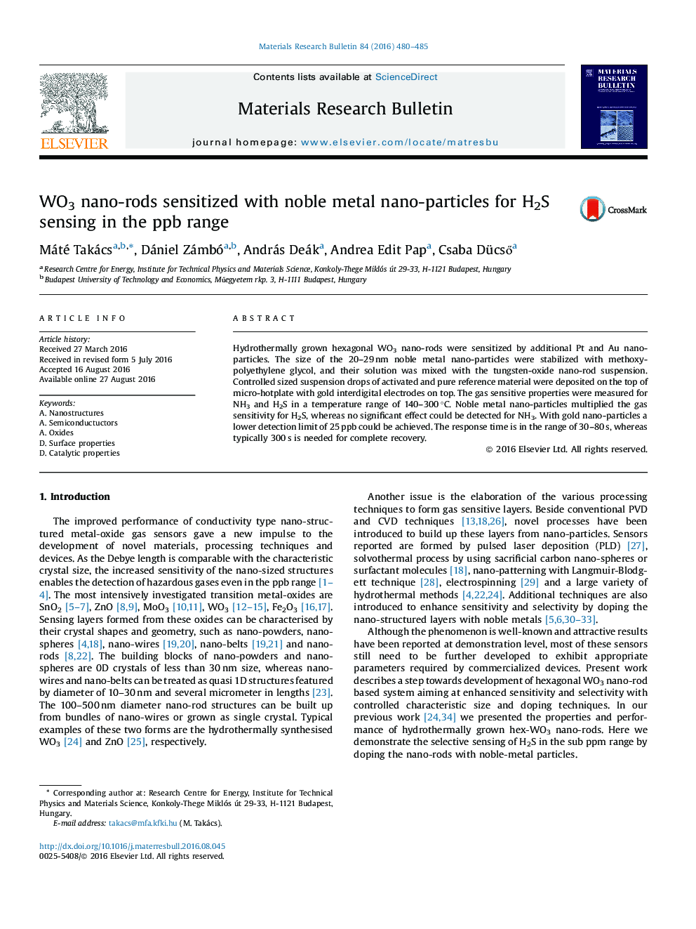 WO3 nano-rods sensitized with noble metal nano-particles for H2S sensing in the ppb range