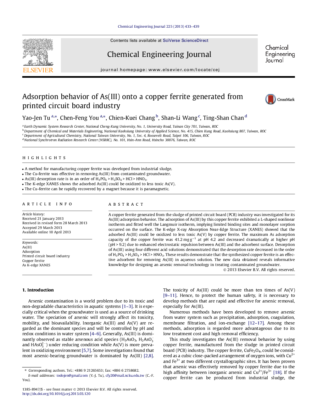 Adsorption behavior of As(III) onto a copper ferrite generated from printed circuit board industry