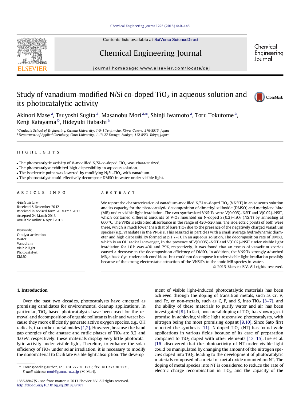 عکس صفحه اول مقاله: Study of vanadium-modified N/Si co-doped TiO2 in aqueous solution and its photocatalytic activity Study of vanadium-modified N/Si co-doped TiO2 in aqueous solution and its photocatalytic activity