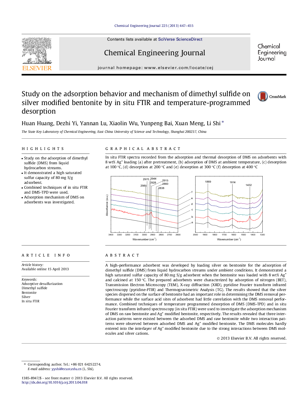 Study on the adsorption behavior and mechanism of dimethyl sulfide on silver modified bentonite by in situ FTIR and temperature-programmed desorption