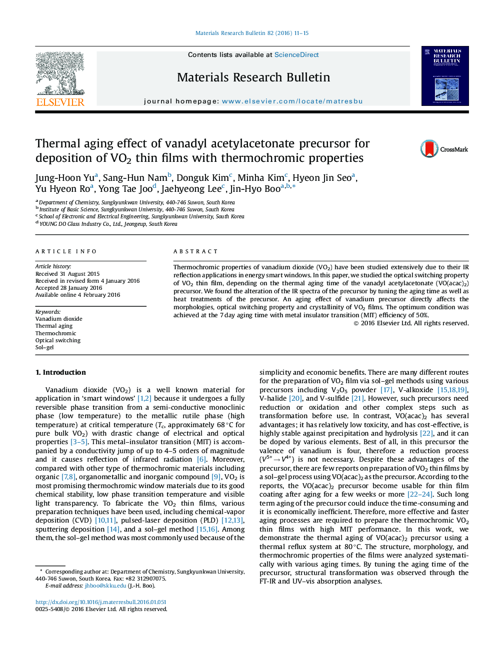 Thermal aging effect of vanadyl acetylacetonate precursor for deposition of VO2 thin films with thermochromic properties