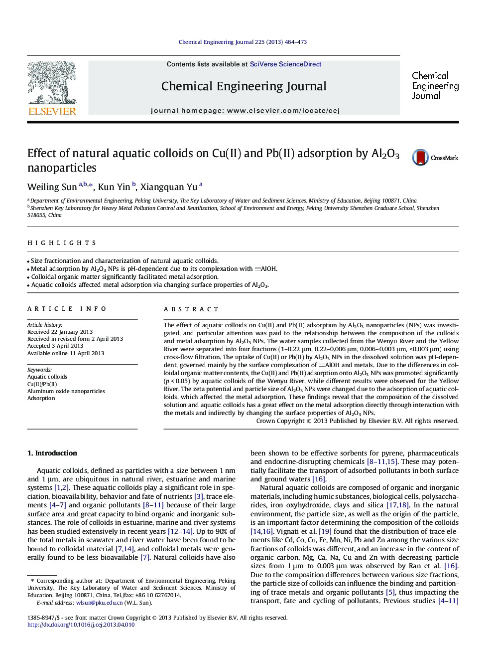 Effect of natural aquatic colloids on Cu(II) and Pb(II) adsorption by Al2O3 nanoparticles