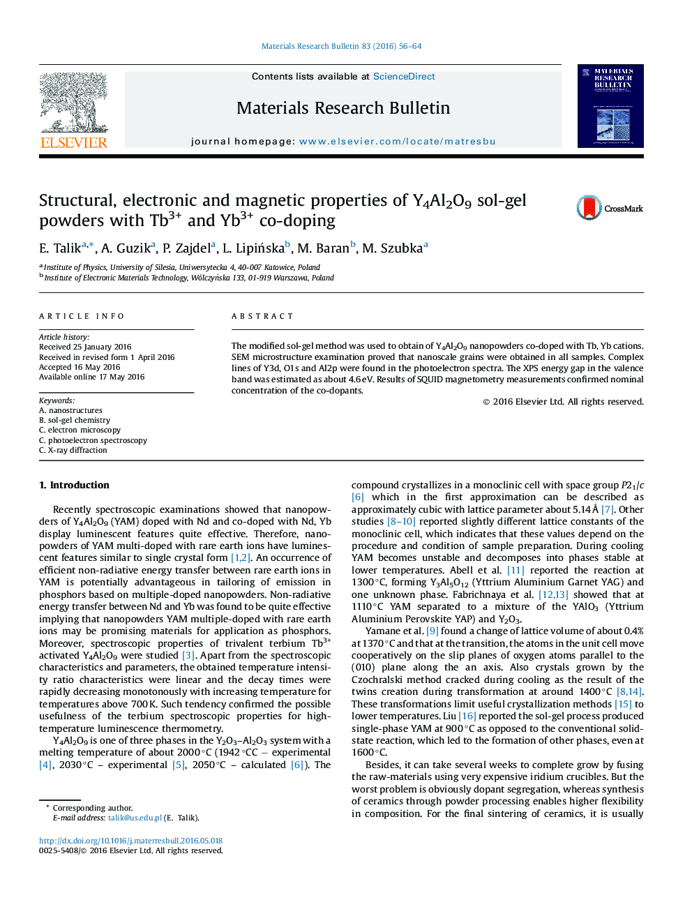 Structural, electronic and magnetic properties of Y4Al2O9 sol-gel powders with Tb3+ and Yb3+ co-doping