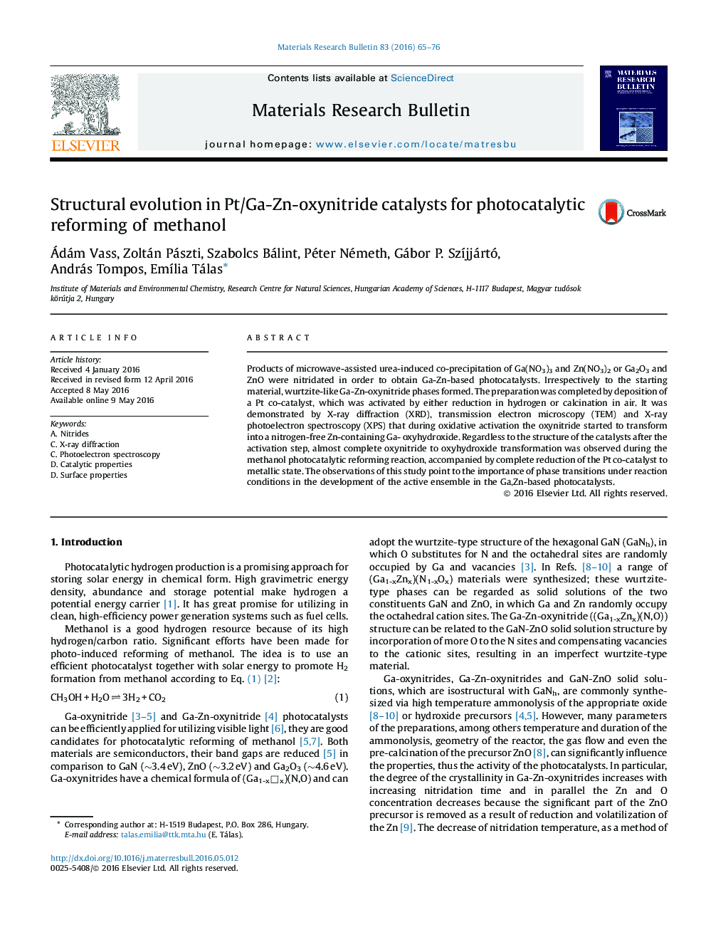 Structural evolution in Pt/Ga-Zn-oxynitride catalysts for photocatalytic reforming of methanol