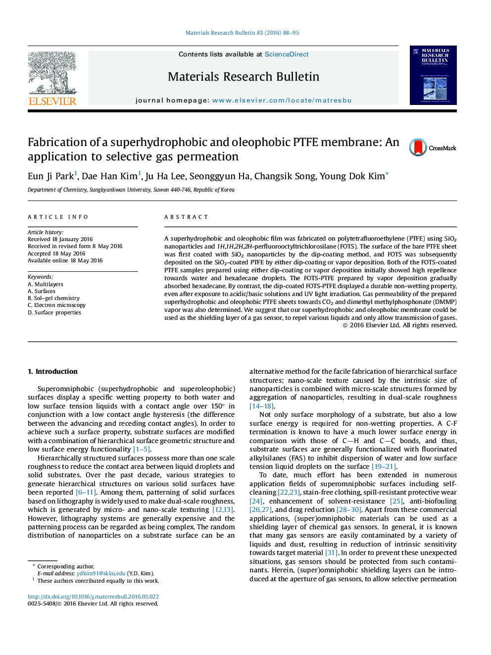 Fabrication of a superhydrophobic and oleophobic PTFE membrane: An application to selective gas permeation