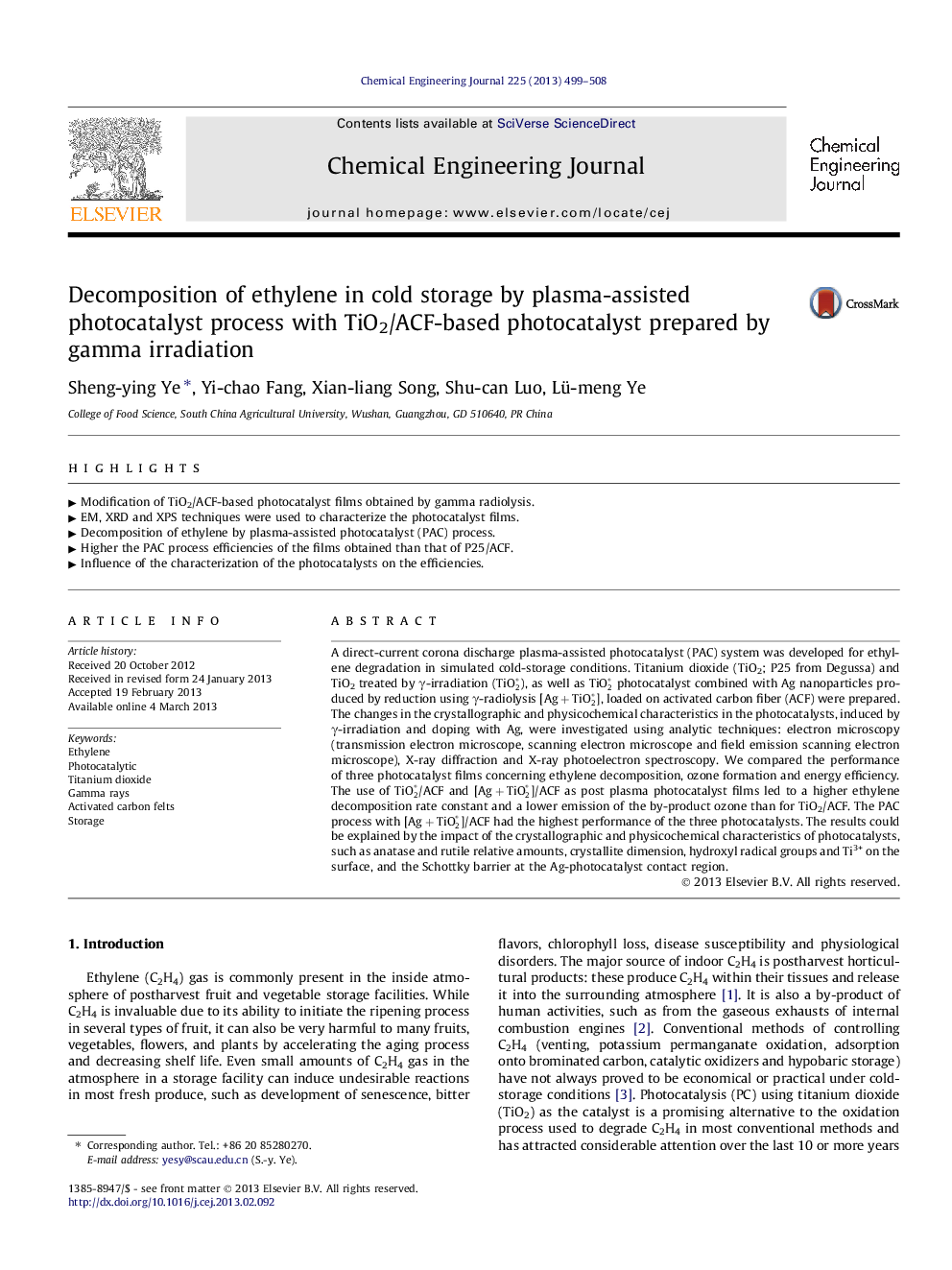 Decomposition of ethylene in cold storage by plasma-assisted photocatalyst process with TiO2/ACF-based photocatalyst prepared by gamma irradiation