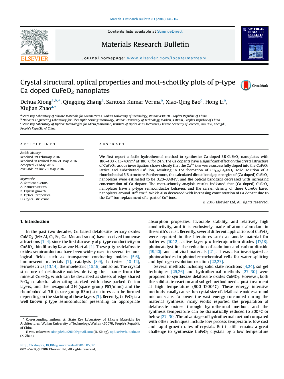 Crystal structural, optical properties and mott-schottky plots of p-type Ca doped CuFeO2 nanoplates